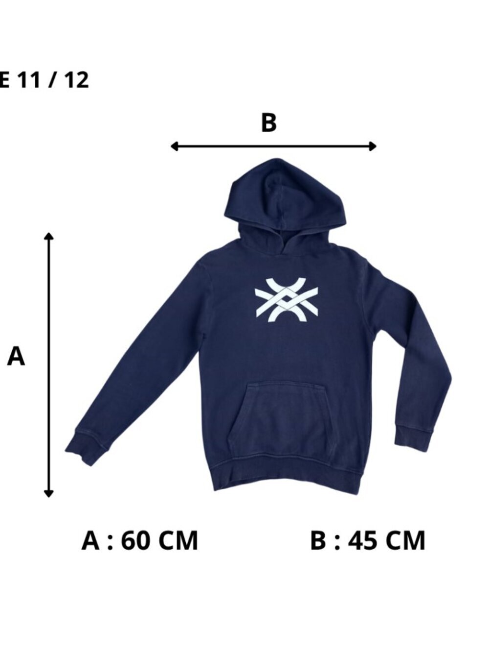 Benetton Navy Blue Hoodie Boys Size XL 11-12 Years Logo Pullover Sweatshirt - Picture 9 of 9